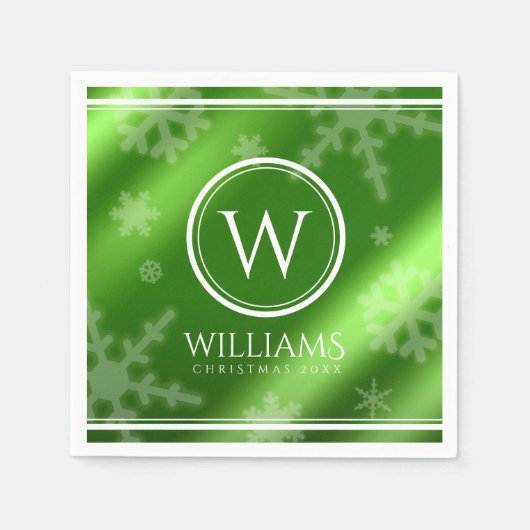 Festive Green Folie Snowflakes Monogram Naam Servet (Voorkant)