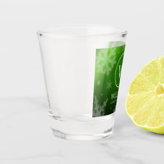 Festive Green Folie Snowflakes Monogram Naam Shot Glas (Links)