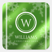 Festive Green Folie Snowflakes Monogram Naam Vierkante Sticker (Voorkant)