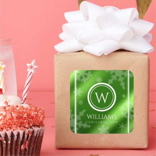 Festive Green Folie Snowflakes Monogram Naam Vierkante Sticker (Feest)