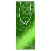 Festive Green Folie Snowflakes Monogram Naam Wijn Cadeautas (Achterkant)