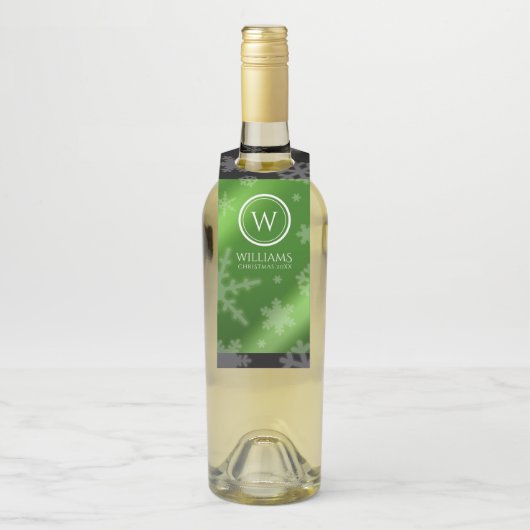 Festive Green Folie Snowflakes Monogram Name Bottl Flessenhanger (Op fles)