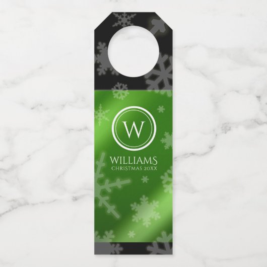 Festive Green Folie Snowflakes Monogram Name Bottl Flessenhanger (Voorkant)