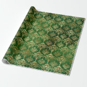 Festive Green & Gold Foil Winter KerstDamask Cadeaupapier (Uitgerold)