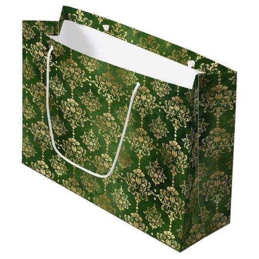 Festive Green & Gold Foil Winter KerstDamask Groot Cadeauzakje (Voorkant Gekanteld)