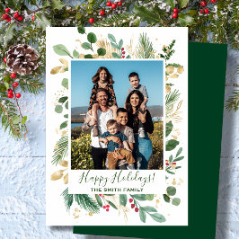 Festive Green Gold Foliage Pine Waterverf Floral Feestdagenkaart