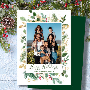 Festive Green Gold Foliage Pine Waterverf Floral Feestdagenkaart