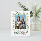 Festive Green Gold Foliage Pine Waterverf Floral Feestdagenkaart (Staand voorkant)