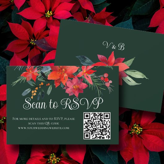 Festive Green Holiday Floral Wedding QR Code RSVP Kaartje