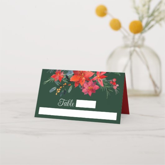 Festive Green Holiday Poinsettia kerstbruiloft Plaatskaartje (Voorkant)