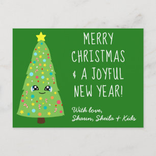 Festive Green Kawaii-kerstboom Merry Xmas Briefkaart