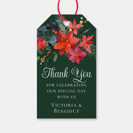 Festive Green Kerstmis Poinsettia Holiday Weddensc Cadeaulabel (Voorkant)