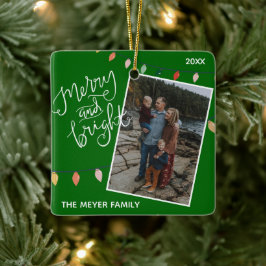 Festive Green Merry en Bright Kerstlampjes Keramisch Ornament