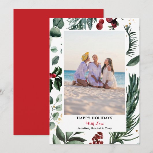 Festive Green Pine Bough Berry Merry kerst Feestdagenkaart (Voorkant / Achterkant)