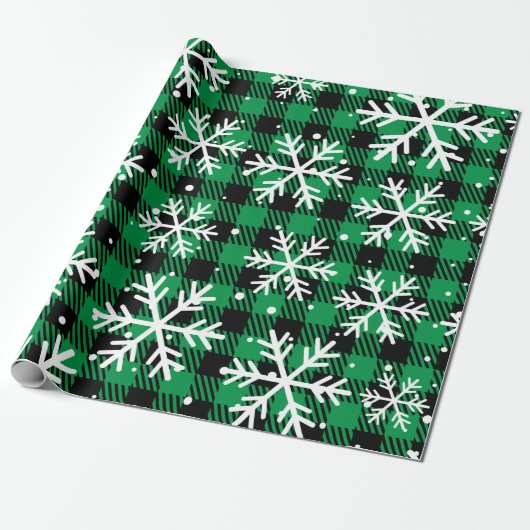 Festive Green Plaid Snowflake Buffalo Check Gift  Cadeaupapier (Uitgerold)