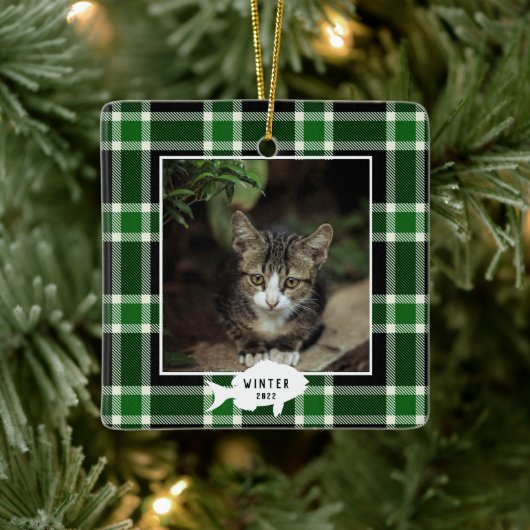 Festive Green Pset Cat Name Kerstmis Keramisch Ornament (Boom)