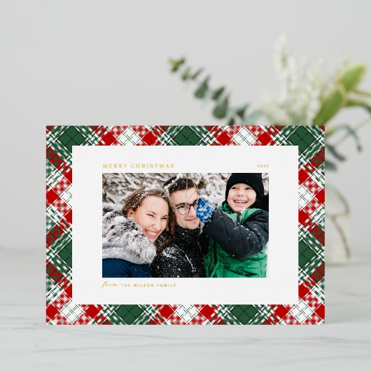 Festive Green Pset Pattern Foto Merry Kerstry Folie Feestdagenkaart (Staand Voorkant)