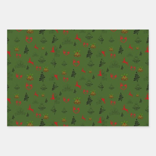 Festive Green Red en Gold Reindeer Inpakpapier Vel (Voorkant)