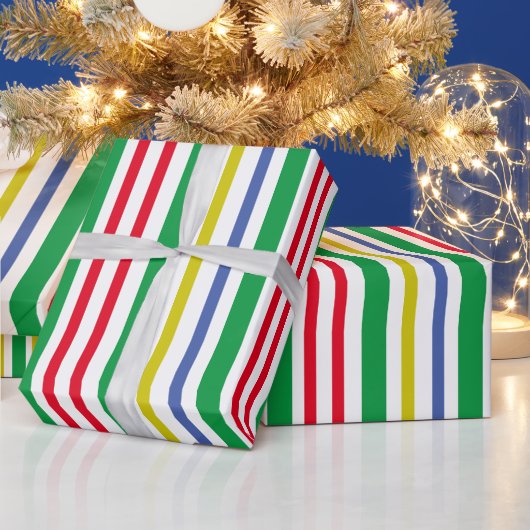 Festive Green Red Gold Blue Vertical Stripes Cadeaupapier (Feestdagen)
