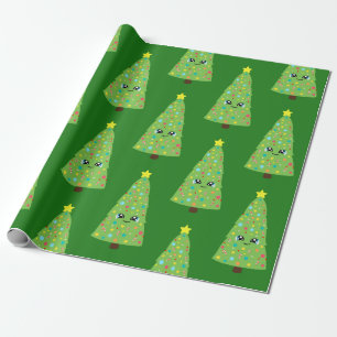 Festive Green Smiling Kawaii kerstboom Kind Cadeaupapier