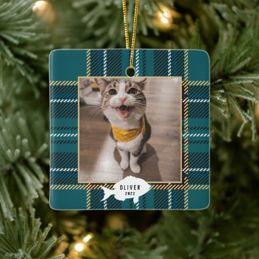 Festive Green Tartan Pset Cat Name Kerstmis Keramisch Ornament (Boom)
