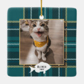 Festive Green Tartan Pset Cat Name Kerstmis Keramisch Ornament (Achterkant)