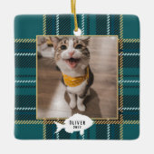 Festive Green Tartan Pset Cat Name Kerstmis Keramisch Ornament (Voorkant)