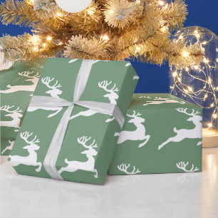 Festive Green White Deer Pattern Kerstmis Cadeaupapier