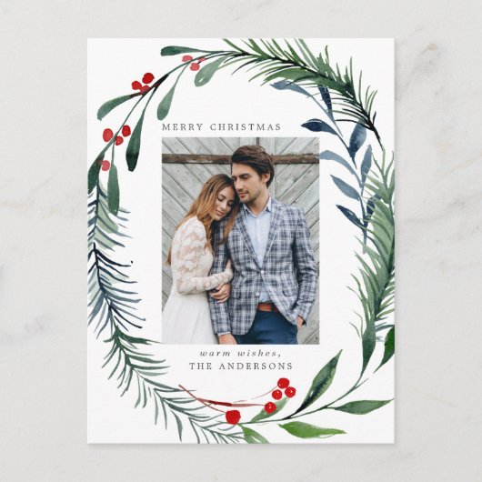 Festive Greenery & Holly Berries Wreatfoto Feestdagenkaart (Voorkant)