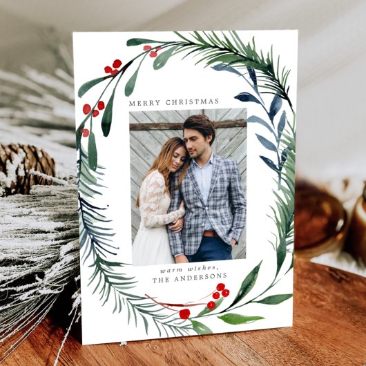 Festive Greenery & Holly Berries Wreatfoto Feestdagenkaart