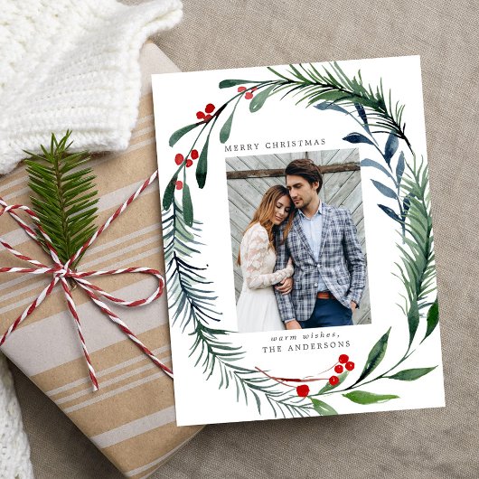 Festive Greenery & Holly Berries Wreatfoto Feestdagenkaart