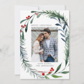 Festive Greenery & Holly Berries Wreatfoto Feestdagenkaart (Voorkant)