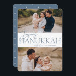 Festive Greeting | 2 Foto Joyous Hanukkah Feestdagenkaart<br><div class="desc">Ons feestelijke en elegante Hanukkah-kaartontwerp is de perfecte manier om twee van je favoriete familiefoto's te shows. Het ontwerp kenmerkt "Joyous Hanukkah"in dusty leisteen blauwe serif typografie en hand lettered manuscript,  samen met uw familienaam. Kaarten keren terug naar een wit sterpatroon.</div>
