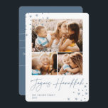 Festive Greeting | 3 Foto Collage Hanukkah Feestdagenkaart<br><div class="desc">Een retro ontmoet een modern Hanukkah-fotokaartontwerp met drie van uw favoriete foto's (één landschap/horizontaal en twee vierkant) op een scherpe witte achtergrond die voorzien is van met de hand getekende sterren aan de hoeken. "Joyous Hanukkah" staat onder handgeschreven scriptletters. Pas uw familienaam en het jaar aan.</div>