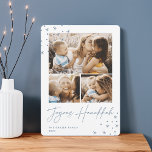 Festive Greeting | 3 Foto Collage Hanukkah Feestdagenkaart<br><div class="desc">Een retro ontmoet een modern Hanukkah-fotokaartontwerp met drie van uw favoriete foto's (één landschap/horizontaal en twee vierkant) op een scherpe witte achtergrond die voorzien is van met de hand getekende sterren aan de hoeken. "Joyous Hanukkah" staat onder handgeschreven scriptletters. Pas uw familienaam en het jaar aan.</div>