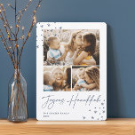 Festive Greeting | 3 Foto Collage Hanukkah Feestdagenkaart<br><div class="desc">Een retro ontmoet een modern Hanukkah-fotokaartontwerp met drie van uw favoriete foto's (één landschap/horizontaal en twee vierkant) op een scherpe witte achtergrond die voorzien is van met de hand getekende sterren aan de hoeken. "Joyous Hanukkah" staat onder handgeschreven scriptletters. Pas uw familienaam en het jaar aan.</div>