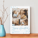 Festive Greeting | 3 Foto Collage Hanukkah Feestdagenkaart<br><div class="desc">Een retro ontmoet een modern Hanukkah-fotokaartontwerp met drie van uw favoriete foto's (één landschap/horizontaal en twee vierkant) op een scherpe witte achtergrond die voorzien is van met de hand getekende sterren aan de hoeken. "Joyous Hanukkah" staat onder handgeschreven scriptletters. Pas uw familienaam en het jaar aan.</div>