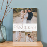 Festive Greeting | 3 Foto Joyous Hanukkah Feestdagenkaart<br><div class="desc">Ons feestelijke en elegante Hanukkah-kaartontwerp is de perfecte manier om drie van je favoriete familiefoto's te shows. Het ontwerp kenmerkt "Joyous Hanukkah"in elegant terracotta serif typografie en hand lettered manuscript,  met uw familienaam. Kaarten keren terug naar een wit sterpatroon.</div>