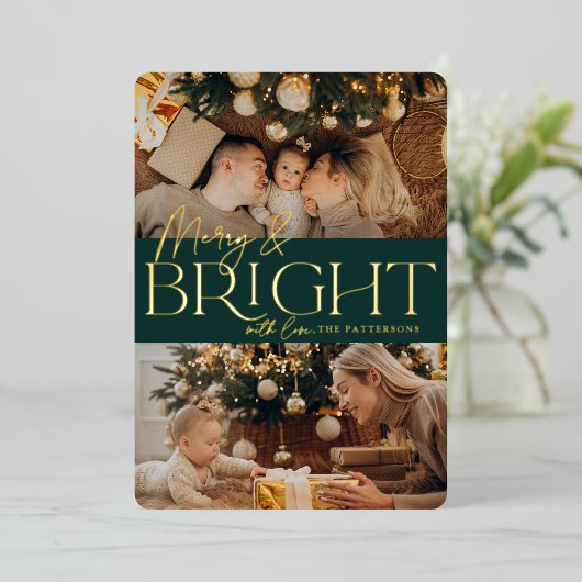 Festive Greeting | Foto Merry & Bright Two Folie Feestdagenkaart (Staand Voorkant)