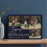 Festive Greeting | Joyous Hanukkah 3 Foto Collage Folie Feestdagenkaart<br><div class="desc">Ons feestelijke en elegante Hanukkah-kaartontwerp is de perfecte manier om 3 van uw favoriete familiefoto's in een rond gemaakte collage-lay-out te shows. Het ontwerp kenmerkt "Joyous Hanukkah"in het schitteren van gouden folie typografie en hand lettered manuscript, met uw familienaam op een middernacht blauwe achtergrond. Kaarten keren terug naar een wit...</div>