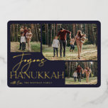 Festive Greeting | Joyous Hanukkah 3 Foto Collage Folie Feestdagenkaart<br><div class="desc">Ons feestelijke en elegante Hanukkah-kaartontwerp is de perfecte manier om 3 van uw favoriete familiefoto's in een rond gemaakte collage-lay-out te shows. Het ontwerp kenmerkt "Joyous Hanukkah"in het schitteren van gouden folie typografie en hand lettered manuscript, met uw familienaam op een middernacht blauwe achtergrond. Kaarten keren terug naar een wit...</div>