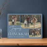 Festive Greeting | Joyous Hanukkah 3 Foto Feestdagenkaart<br><div class="desc">Ons feestelijke en elegante Hanukkah-kaartontwerp is de perfecte manier om drie van je favoriete familiefoto's te shows. Het horizontale of landschapsgeoriënteerde ontwerp kenmerkt "Joyous Hanukkah"in witte typografie en hand lettered manuscript,  met uw familienaam onder op een stoffige leate blauwe achtergrond.</div>