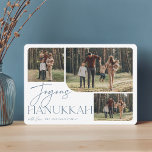 Festive Greeting | Joyous Hanukkah 3 Foto Feestdagenkaart<br><div class="desc">Ons feestelijke en elegante Hanukkah-kaartontwerp is de perfecte manier om drie van je favoriete familiefoto's te shows. Het horizontale of landschapsgeoriënteerde ontwerp kenmerkt "Joyous Hanukkah"in dusty leate blauw terracotta typografie en hand lettered manuscript,  met uw familienaam onder op een witte achtergrond.</div>