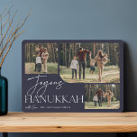 Festive Greeting | Joyous Hanukkah 3 Foto Feestdagenkaart<br><div class="desc">Ons feestelijke en elegante Hanukkah-kaartontwerp is de perfecte manier om drie van je favoriete familiefoto's te shows. Het horizontale of landschapsgeoriënteerde ontwerp kenmerkt "Joyous Hanukkah"in witte typografie en hand lettered manuscript,  met uw familienaam onder op een middernacht blauwe achtergrond.</div>
