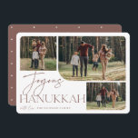 Festive Greeting | Joyous Hanukkah 3 Foto Feestdagenkaart<br><div class="desc">Ons feestelijke en elegante Hanukkah-kaartontwerp is de perfecte manier om drie van je favoriete familiefoto's te shows. Het horizontale of landschapsgeoriënteerde ontwerp kenmerkt "Joyous Hanukkah"in neutrale aardtoon terracotta typografie en hand lettered manuscript,  met uw familienaam onder op een witte achtergrond.</div>