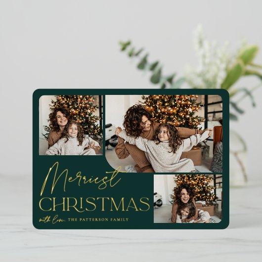 Festive Greeting | Nieuwste kerstdag 3 Foto Folie Feestdagenkaart (Staand Voorkant)