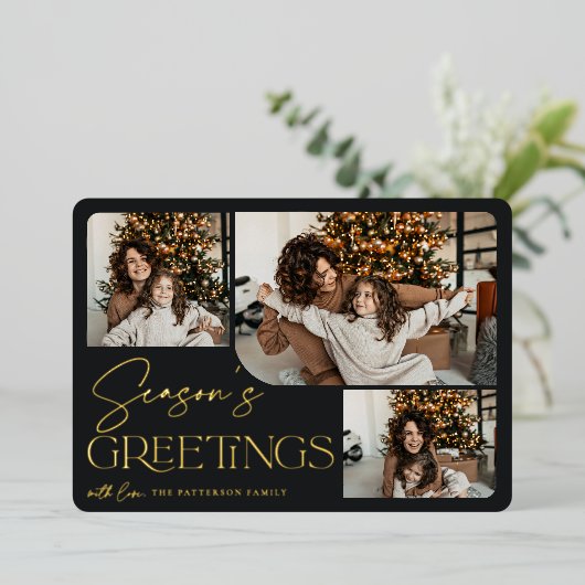 Festive Greeting | Seizoensgroeten 3 Foto Folie Feestdagenkaart (Staand Voorkant)