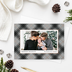 Festive Grey and Roos Gold Tartan Foto Folie Feestdagenkaart