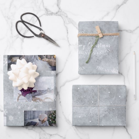 Festive Grey Photo Snowflake-kerstscript Inpakpapier Vel (Voorkant)