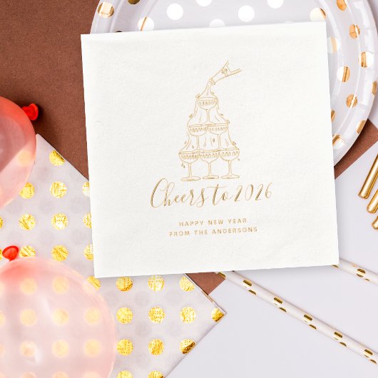 Festive Hand Drawn Cheers to New Year Party Gold Folie Servetten